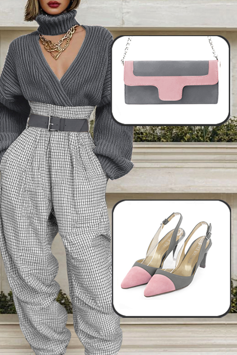 Women's light pink and dove grey elegant slingback heels. Tapered toe. Medium slim heel - Worn view